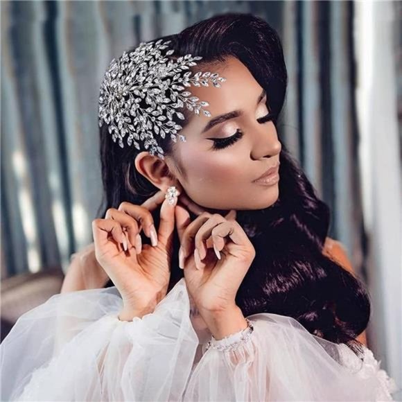 AMORARSI Wedding Rhinestone Hair Piece Leaf Bride Side Headpieces Crystal Hair